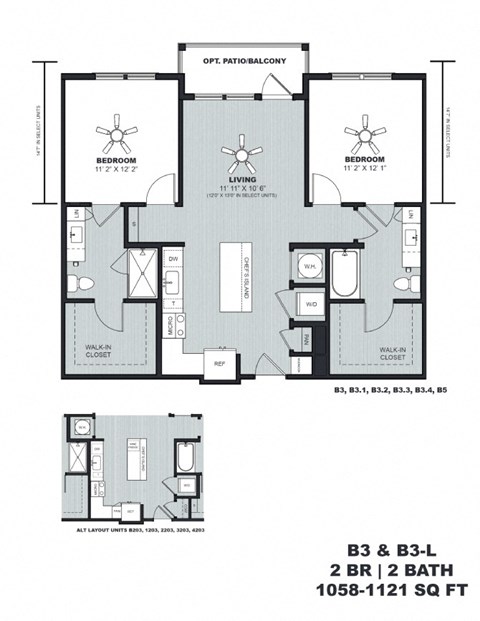 Floor plan for 2 beds, 2 baths, 1058 sqft